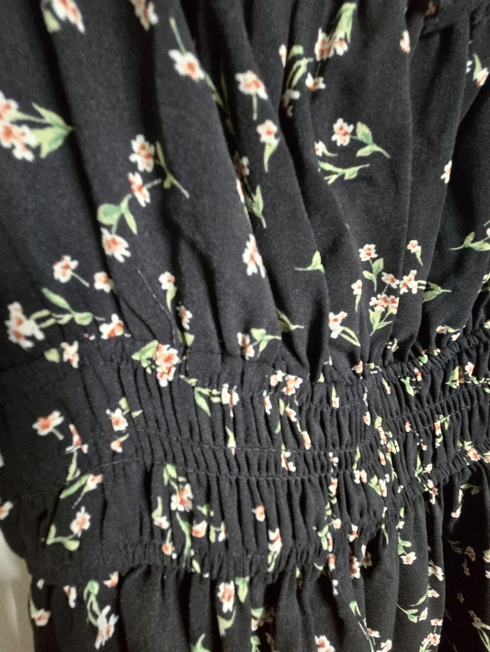 Black Floral Smocked Mini Dress Cottagecore Ruffle Puff Sleeve Boho Summer -L
